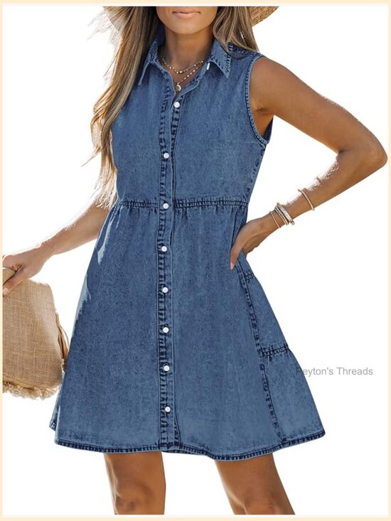 Dresses & Skirts - Sleeveless Babydoll Button Down Denim Dress - A-Line with Collar